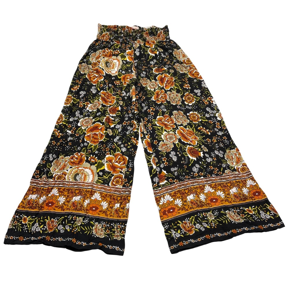 Frille Rose Palazzo Pants Womens XL Black Floral Boho Smocked Waist Wide Leg